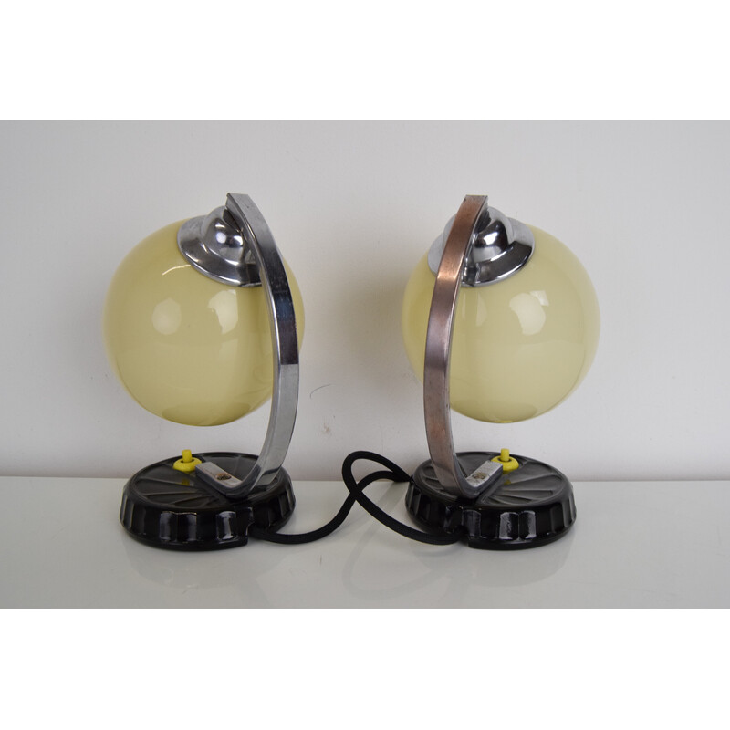 Pair of vintage Art Deco table lamps in opaline glass, chrome and black glass, Czechoslovakia 1930s