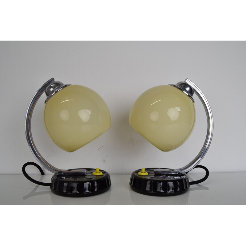 Pair of vintage Art Deco table lamps in opaline glass, chrome and black glass, Czechoslovakia 1930s