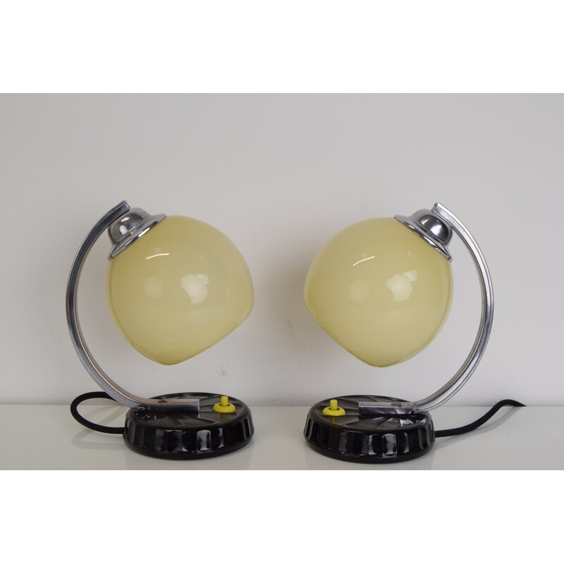 Pair of vintage Art Deco table lamps in opaline glass, chrome and black glass, Czechoslovakia 1930s