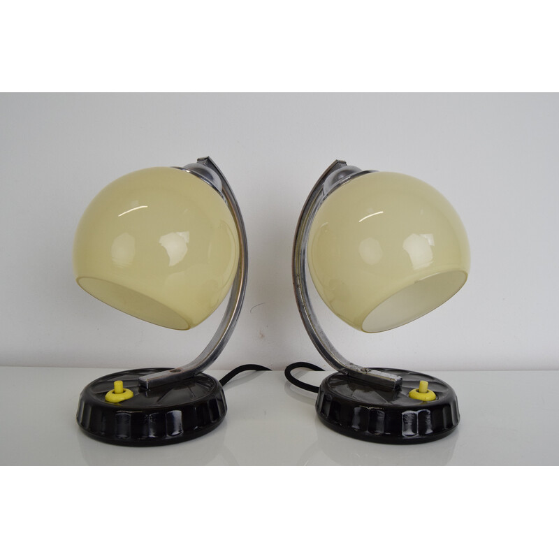 Pair of vintage Art Deco table lamps in opaline glass, chrome and black glass, Czechoslovakia 1930s