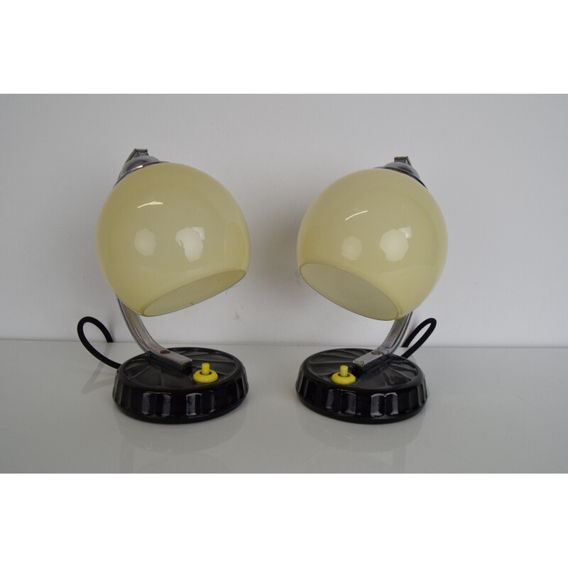 Pair of vintage Art Deco table lamps in opaline glass, chrome and black glass, Czechoslovakia 1930s