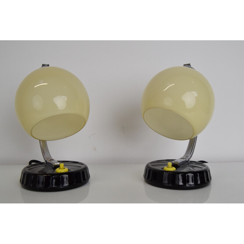 Pair of vintage Art Deco table lamps in opaline glass, chrome and black glass, Czechoslovakia 1930s