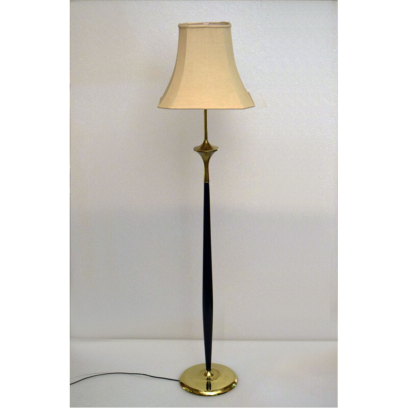 Lampadaire vintage en laiton et acajou, 1950