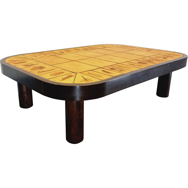 Mesa de centro vintage en madera oscura y cerámica de Vallauris por Roger Capron, 1960-1970