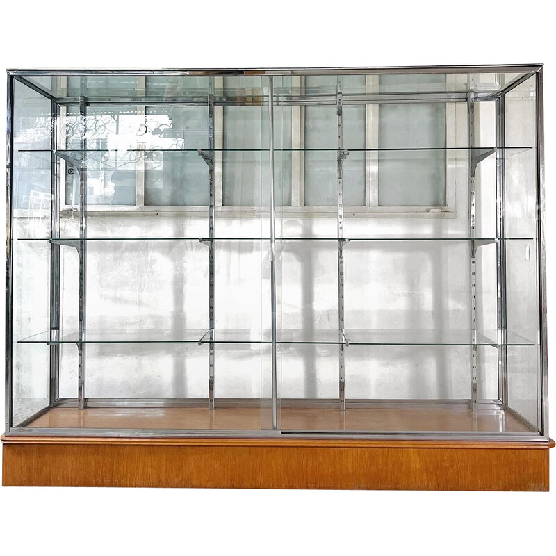Vintage glass and chrome display cabinet, 1980
