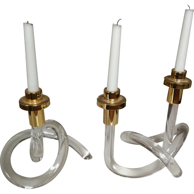 Pair of vintage candlesticks in plexiglass and gilt metal, 1970