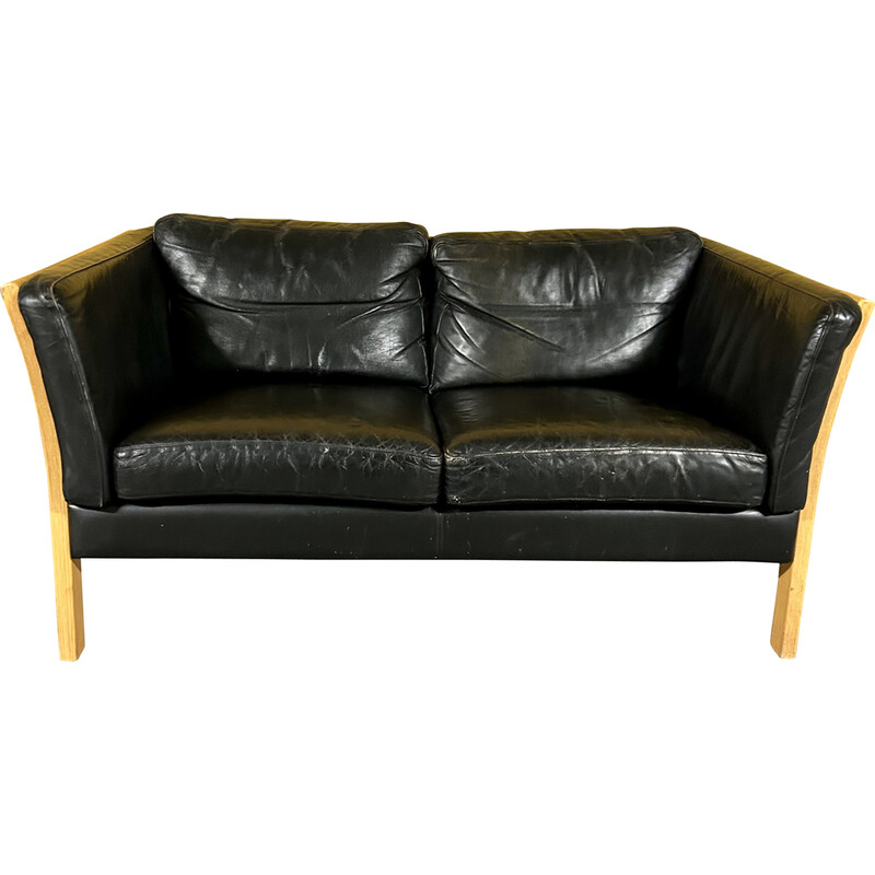 Dänisches 2-Sitzer-Sofa aus schwarzem Leder mit Holzgestell, 1960er Jahre