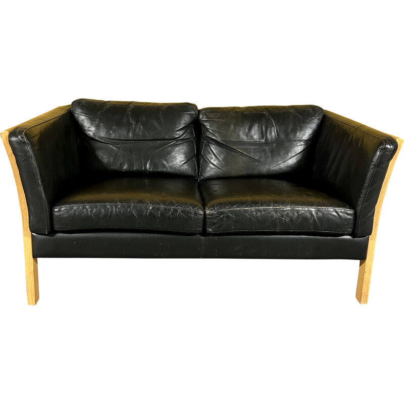 Danish vintage 2 seater black leather sofa with wooden frame, 1960s