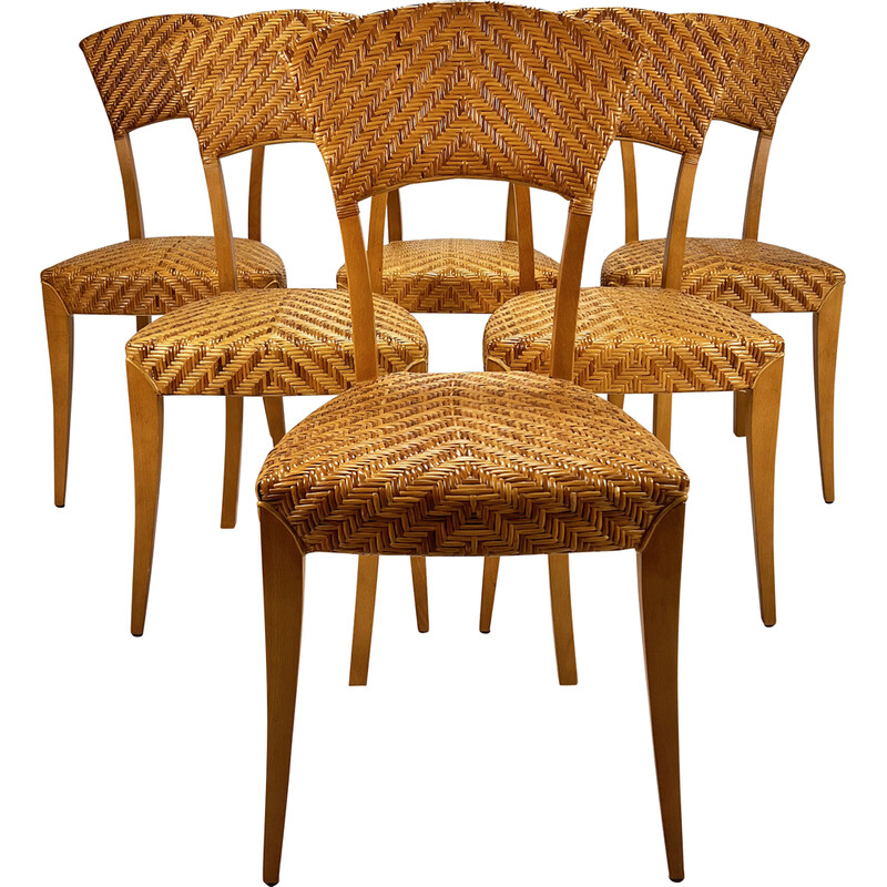 Vintage birch and wicker chairs, Italy 1980s