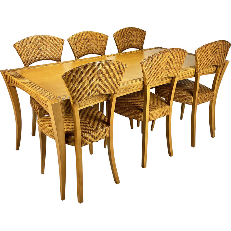 Vintage birch and wicker dining set, Italy 1980s