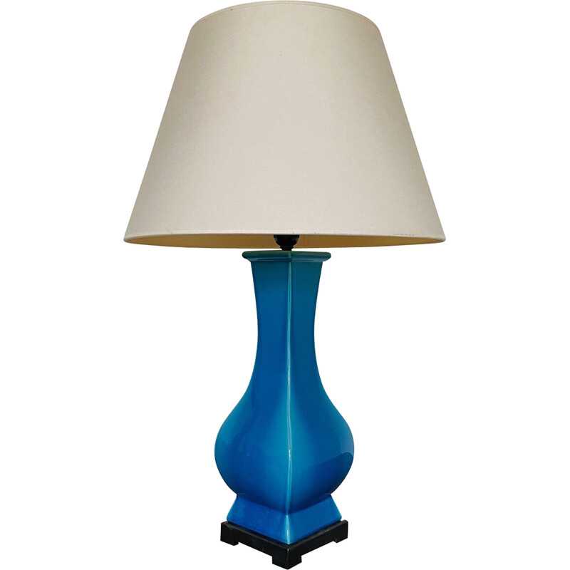 Vintage turquoise blue ceramic table lamp, France 1980s