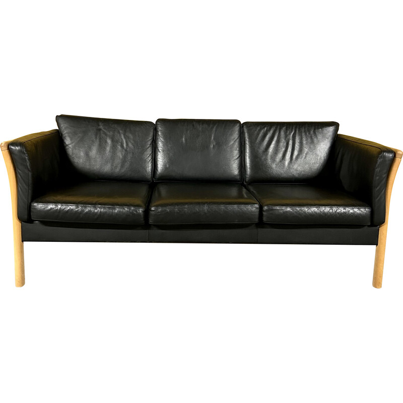 Vintage black leather and wood sofa, Denmark 1970s