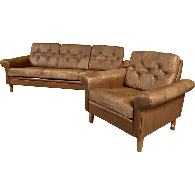 Danish vintage brown leather living room set, 1960s