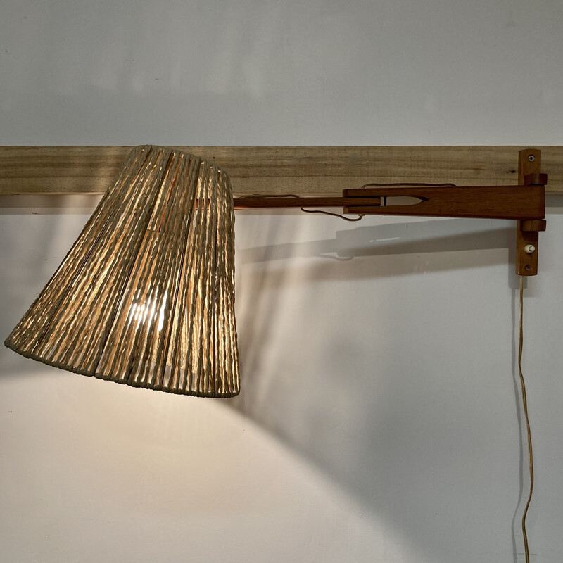 Scandinavische modulaire wandlamp van eikenhout en touw, 1950