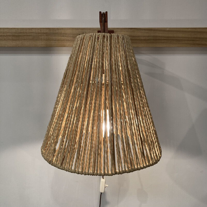 Lampada da parete vintage scandinava in teak e corda, 1950