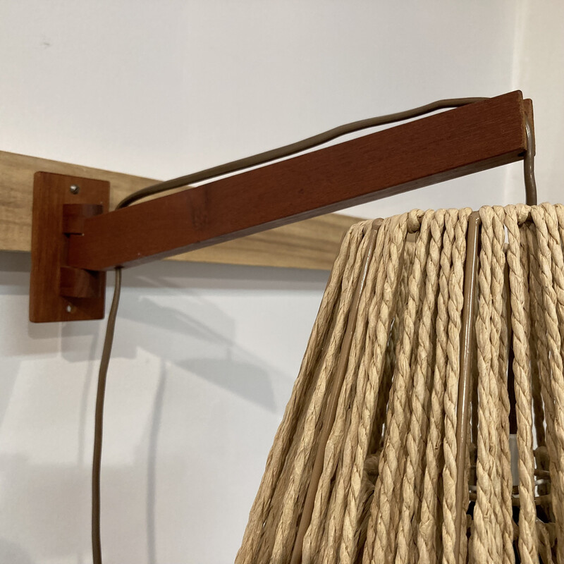 Lampada da parete vintage scandinava in teak e corda, 1950