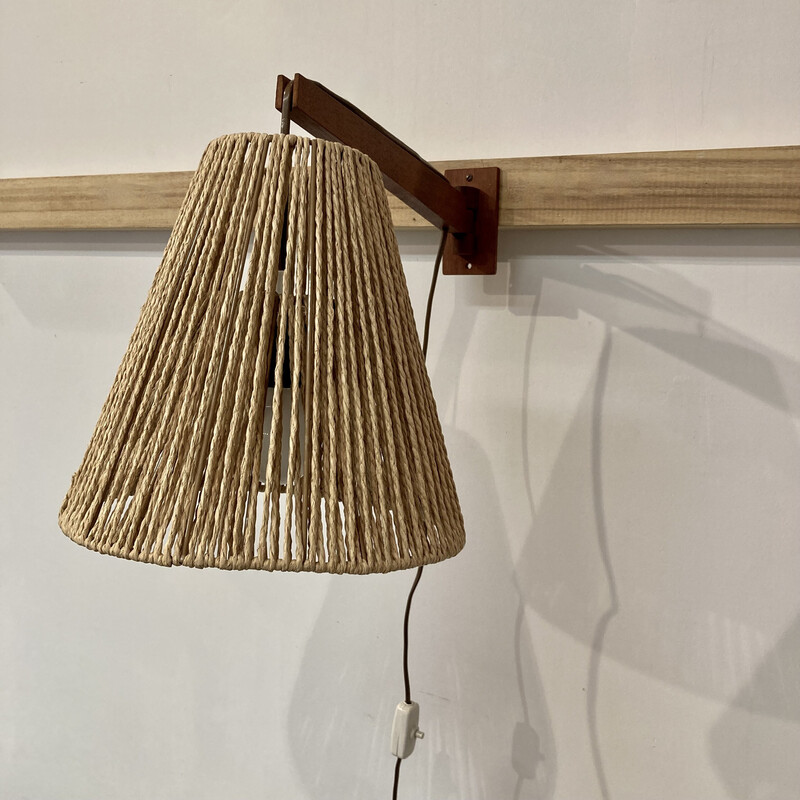 Vintage Scandinavian modular wall lamp in teak and rope, 1950s