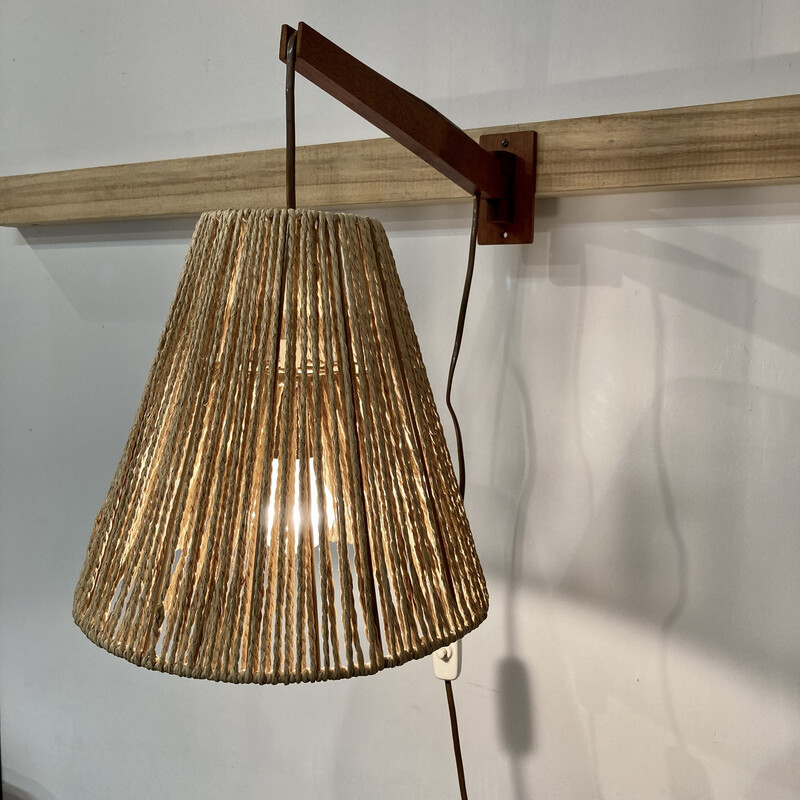 Vintage Scandinavian modular wall lamp in teak and rope, 1950s