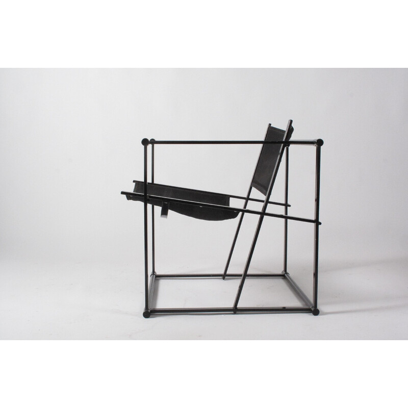 Vintage armchair in black lacquered metal and black canvas, Netherlands 1980s