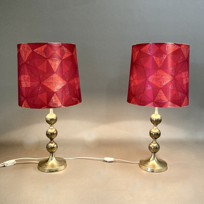 Pair of vintage Scandinavian metal and silk lamps, 1950s