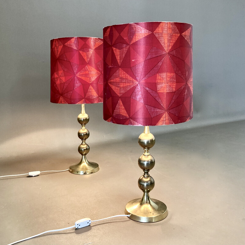 Pair of vintage Scandinavian metal and silk lamps, 1950s