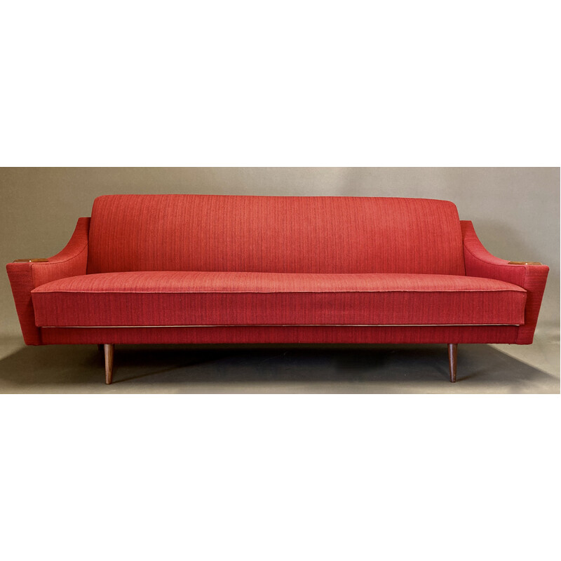 Vintage Scandinavian sofa bed in teak, wool and silk, 1950s