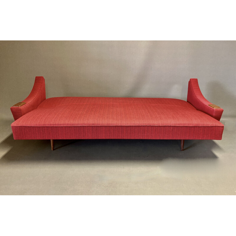 Vintage Scandinavian sofa bed in teak, wool and silk, 1950s