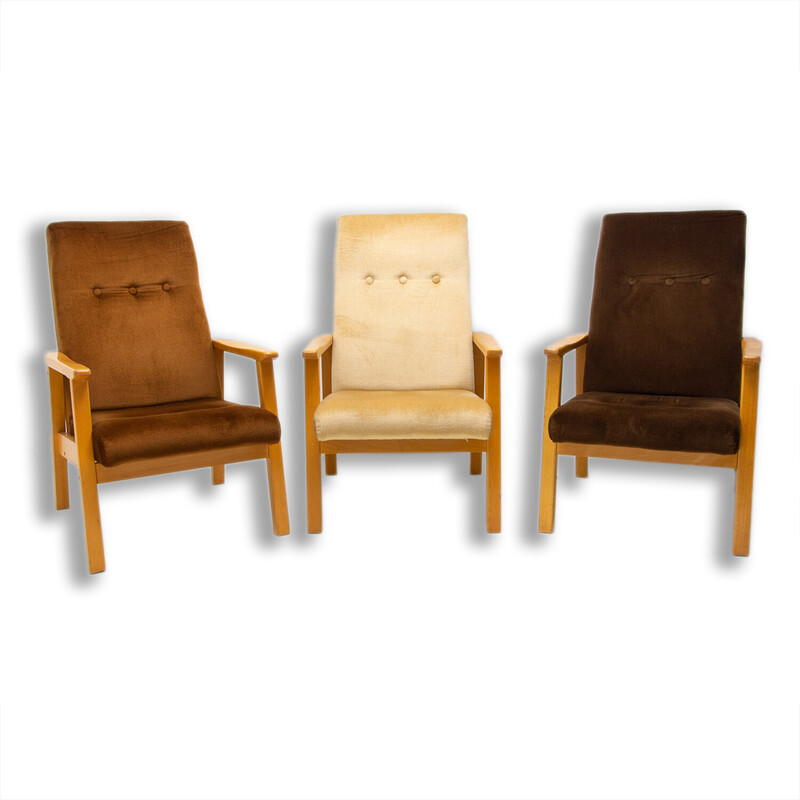Ensemble de 3 fauteuils vintage en hêtre, Tchécoslovaquie 1980