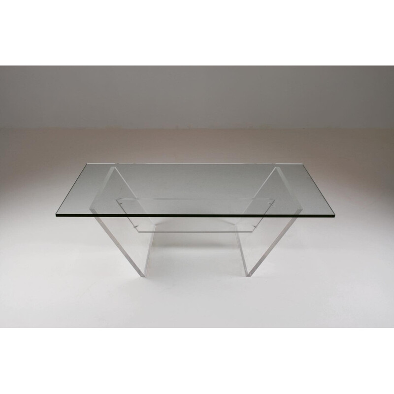 Table basse vintage « Les invisibles du marais » en plexiglas et en verre, France 1980