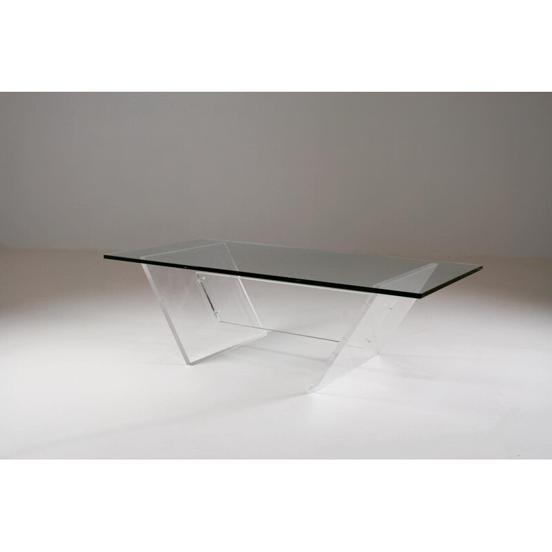 Table basse vintage « Les invisibles du marais » en plexiglas et en verre, France 1980