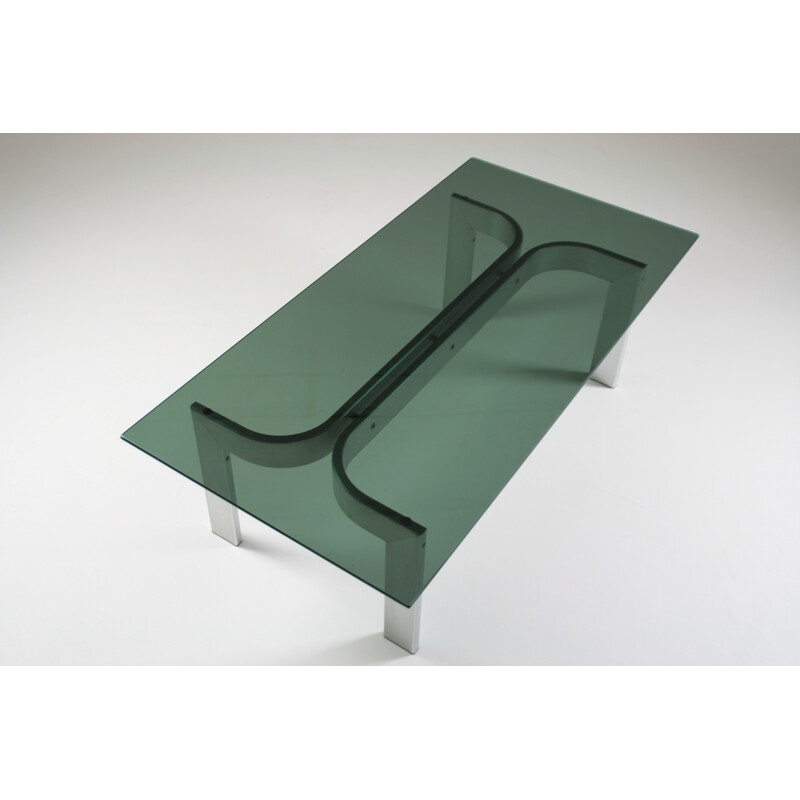 Vintage Couchtisch aus gebürstetem Aluminium und Glasplatte, 1970