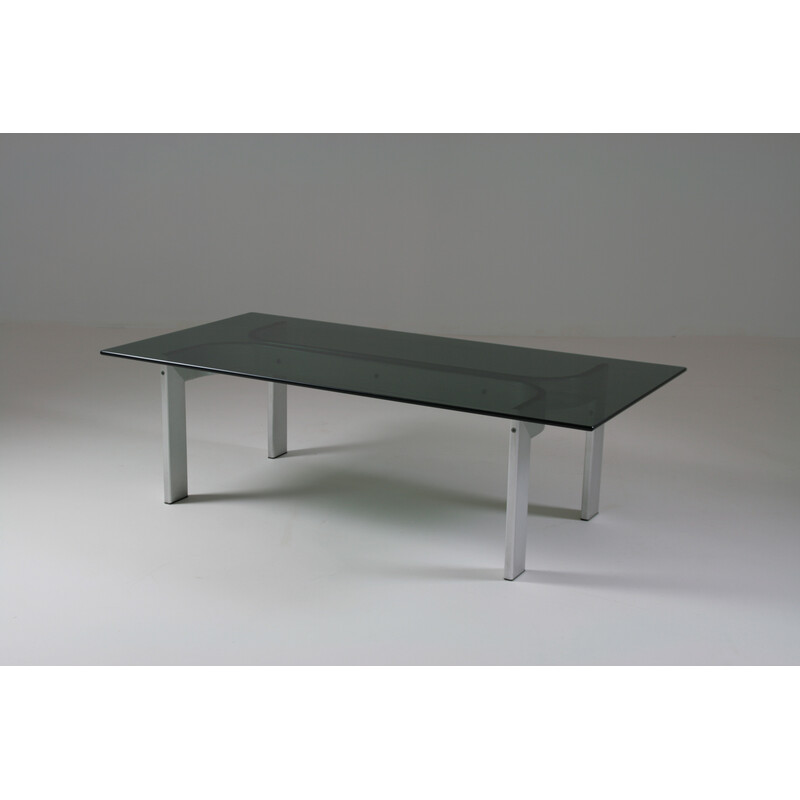 Vintage coffee table in brushed aluminum and glass top, 1970