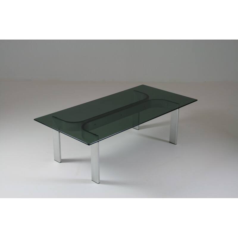 Table basse vintage en aluminium brossé et plateau en verre, 1970