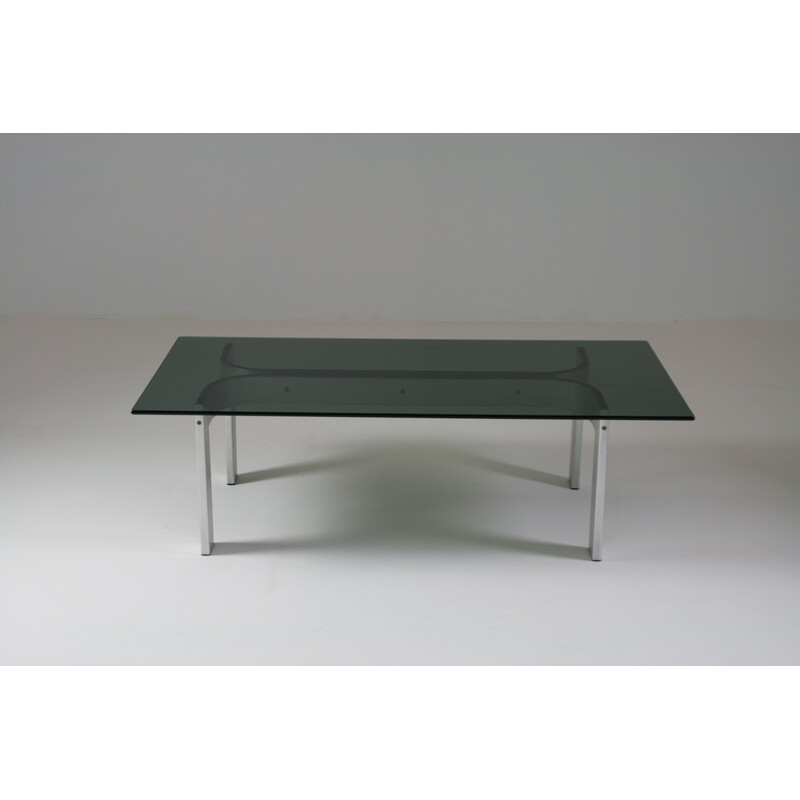 Vintage coffee table in brushed aluminum and glass top, 1970