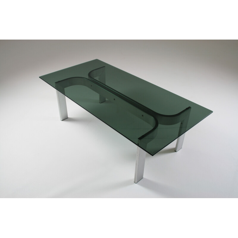 Vintage coffee table in brushed aluminum and glass top, 1970