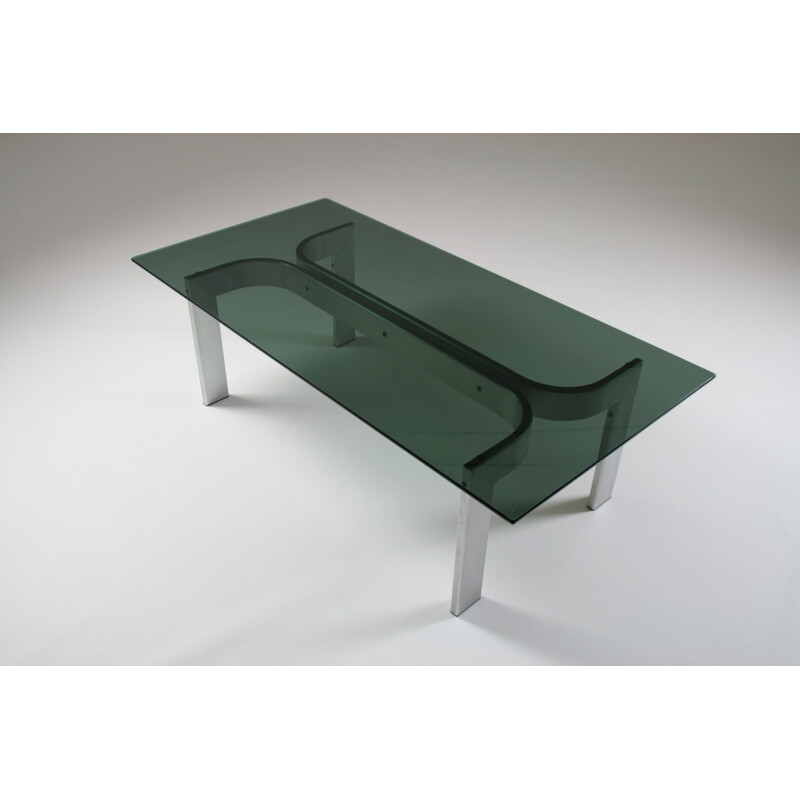 Vintage Couchtisch aus gebürstetem Aluminium und Glasplatte, 1970