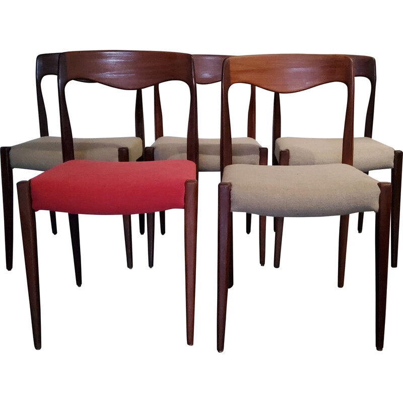 Set of 5 vintage teak and linen chairs, France 1960s