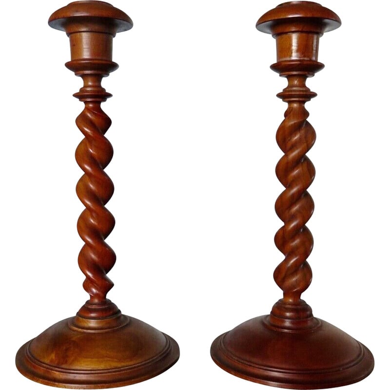 Pair of vintage candlesticks in turned wood, France 1930s
