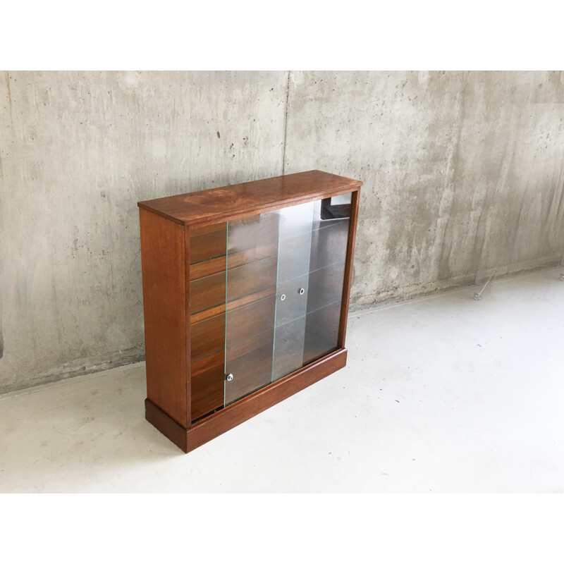 Vintage teak book case with sliding glass doors - 1970s