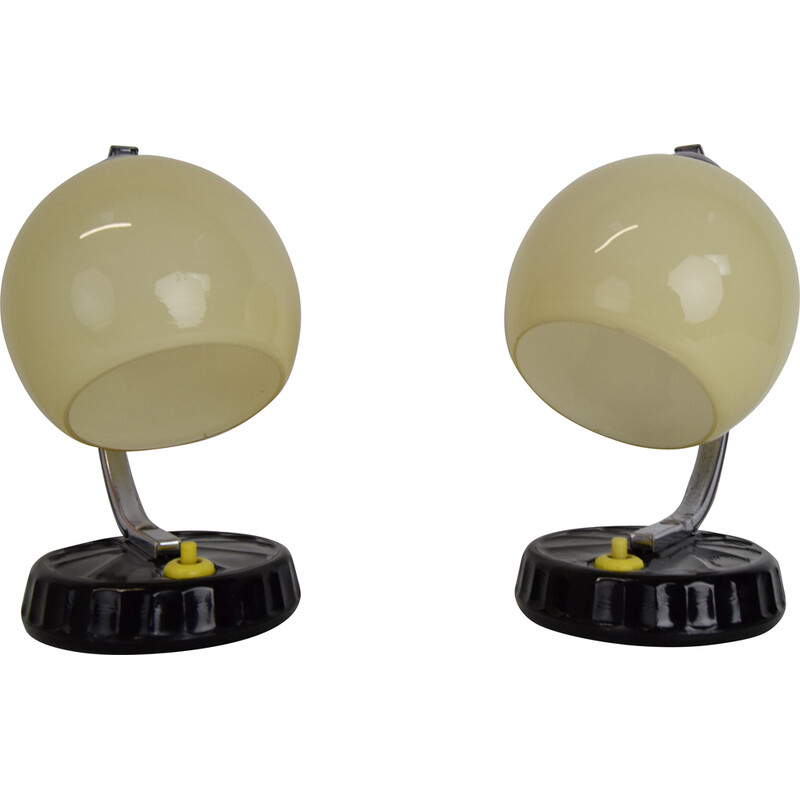 Pair of vintage Art Deco table lamps in opaline glass, chrome and black glass, Czechoslovakia 1930s