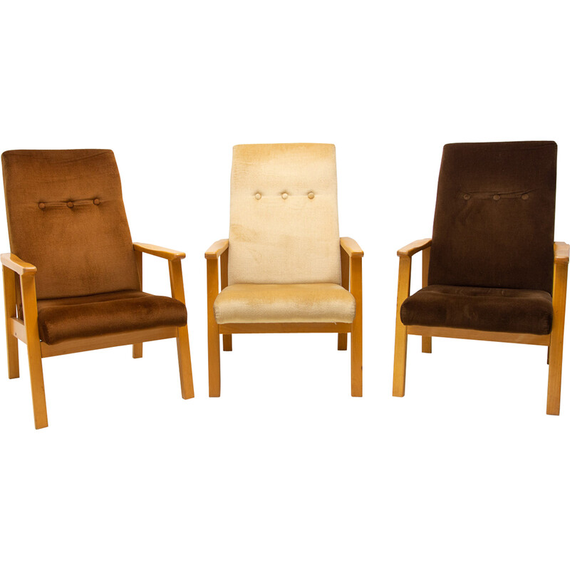 Set of 3 vintage beech armchairs, Czechoslovakia 1980s