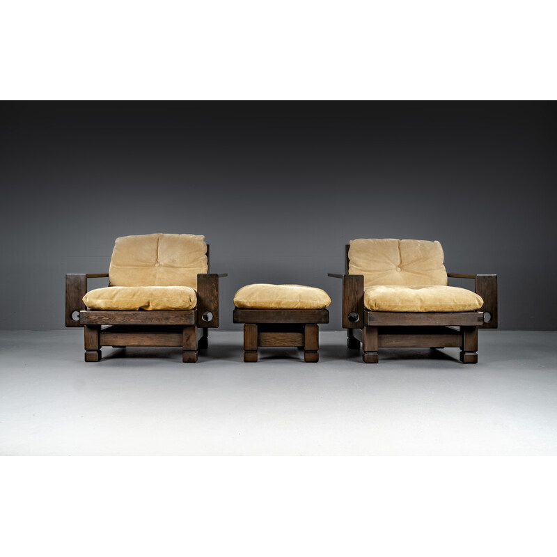 Vintage living room set in softwood and leather, France 1960s