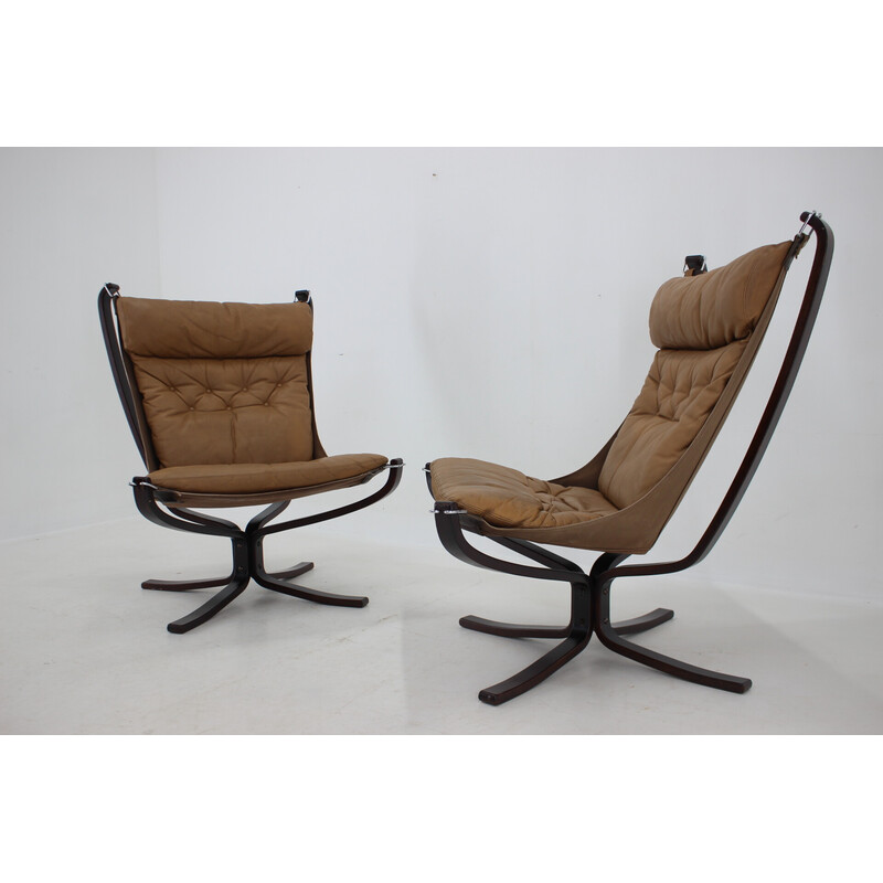 Paar vintage Falcon fauteuils in leer van Sigurd Ressell voor Vatne Møbler, Noorwegen 1970