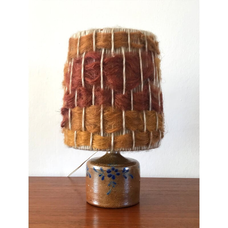 Vintage glazed stoneware lamp with wool lampshade, 1970
