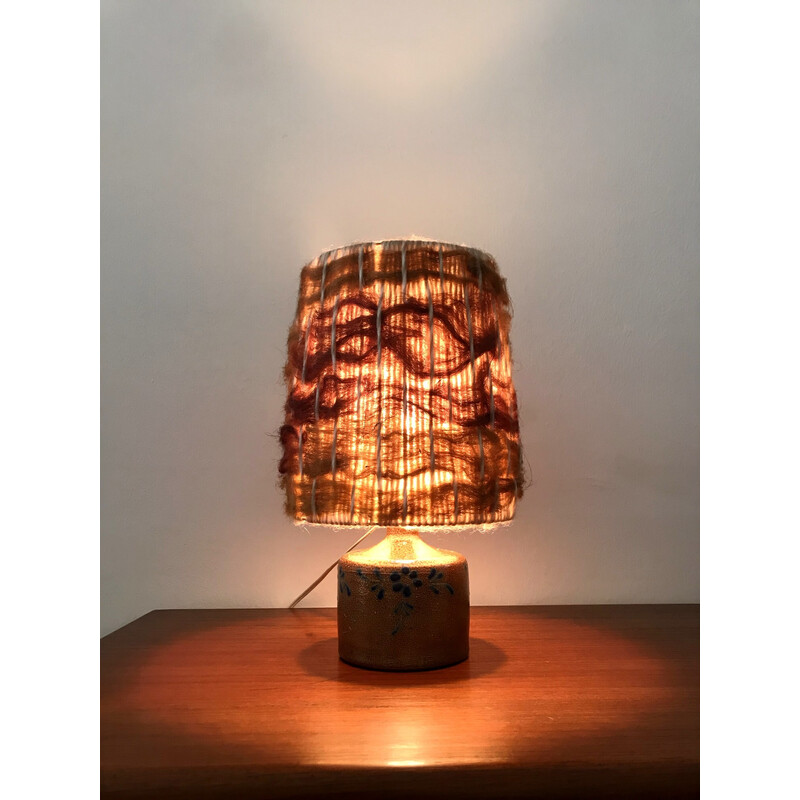 Vintage glazed stoneware lamp with wool lampshade, 1970