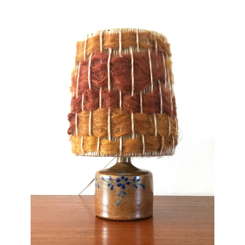 Vintage glazed stoneware lamp with wool lampshade, 1970