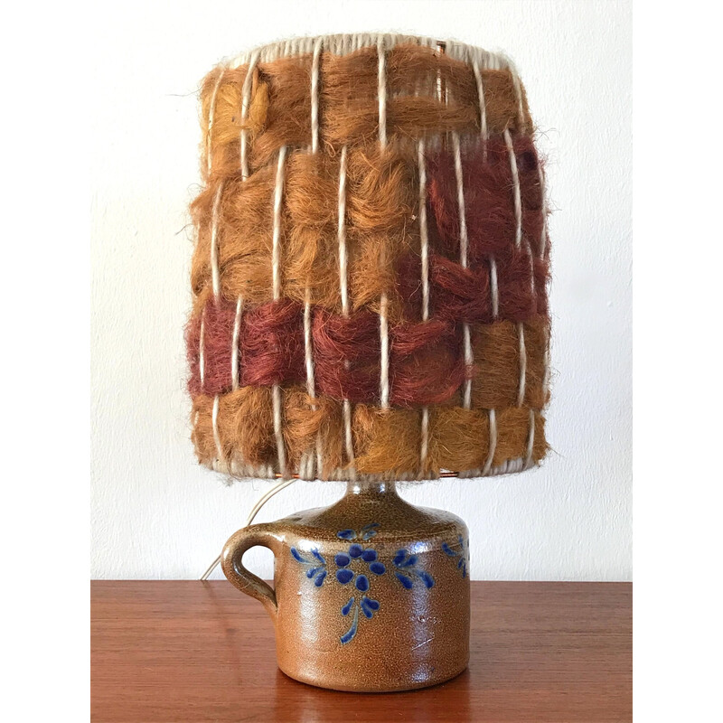 Vintage glazed stoneware lamp with wool lampshade, 1970