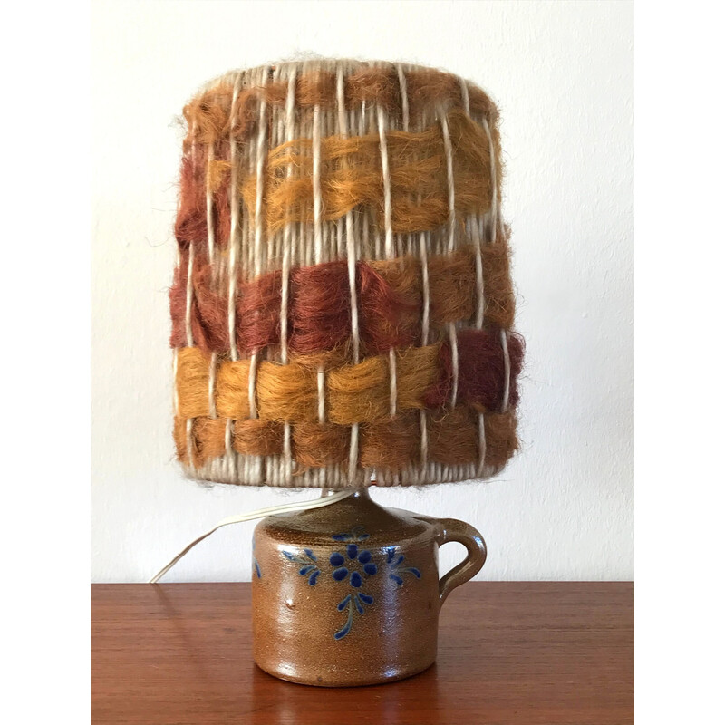 Vintage glazed stoneware lamp with wool lampshade, 1970