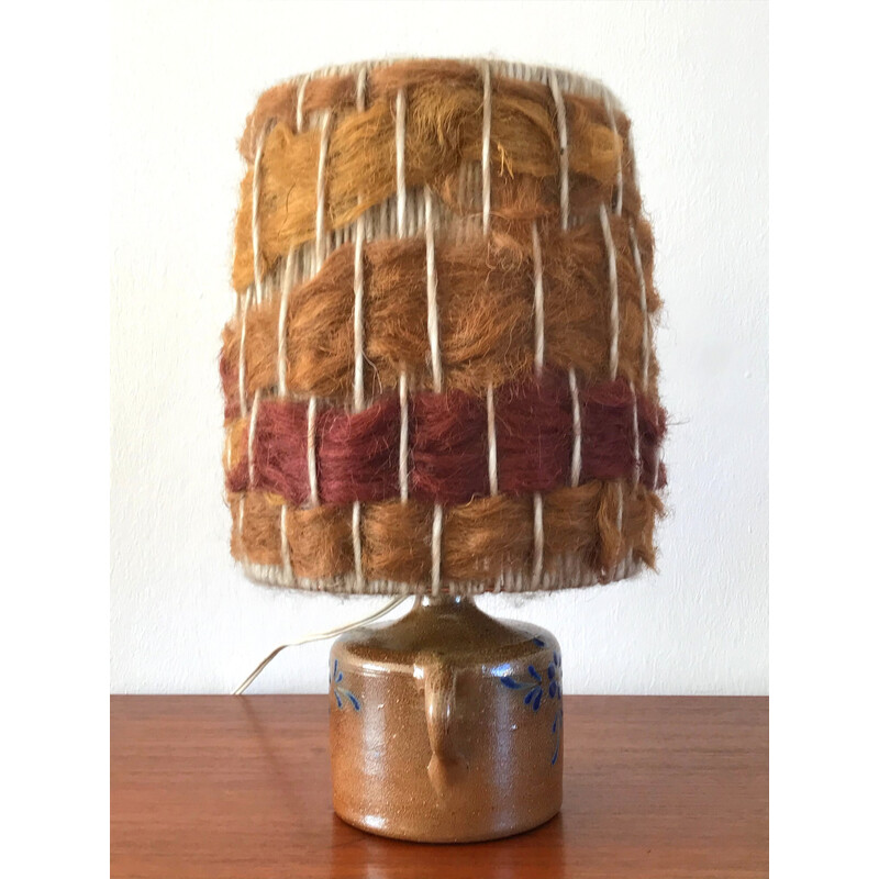 Vintage glazed stoneware lamp with wool lampshade, 1970