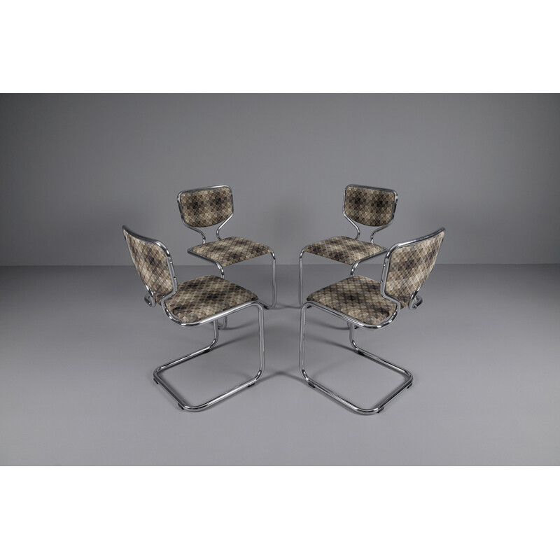 Ensemble de 4 chaises chromées vintage avec revêtement en tissu géométrique, Allemagne 1960